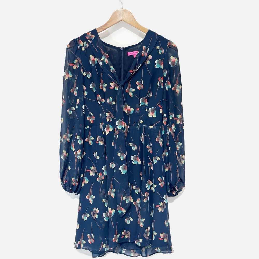 Betsey Johnson Navy Floral Mini Dress Neck Tie Sheer Long Sleeves V Neck Size 6